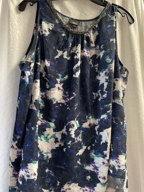 Wassio  Navy Abstract Print Beaded-Neck Sleeveless Top